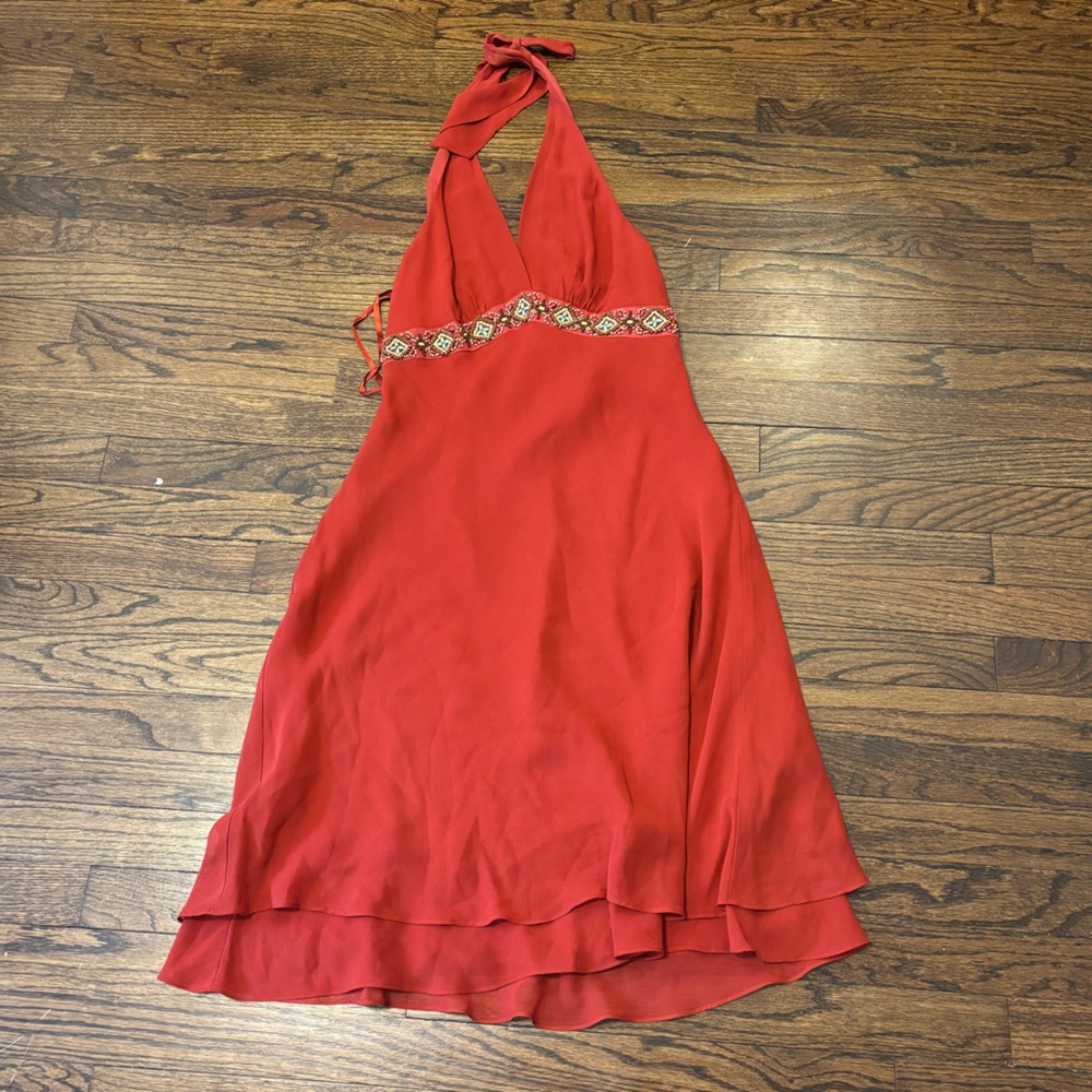 BCBG Maxazria Silk Bohemian Indie Euro Summer Beaded Halter Dress